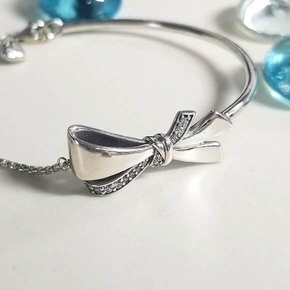 Authentic Pandora Sterling Silver Brilliant Bow Bangle Bolo Bracelet CZ Stones - Picture 5 of 5